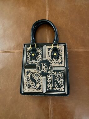 Embroidered Black & Cream Mini Tote with Monogram Accent